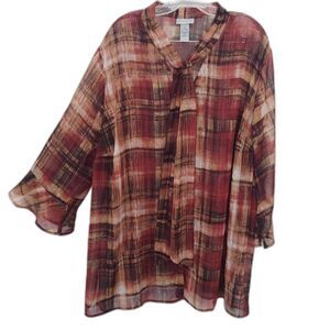 Catherines Tie-neck Top Size 3X  Sheer Red Metallic Button Front